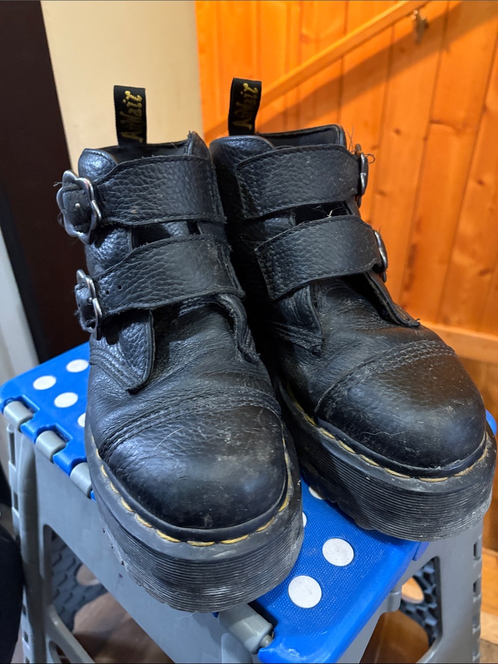 Dr. Martens Black Leather Kids Double-Buckle Platform Boots